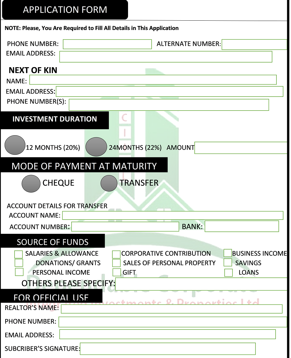 Dependable Corporate Investment Application Form – Investor Details & Payment Preferences